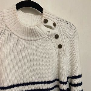 J Crew Factory NWT Blue and White Pullover Sweater Button Detail at Collar.